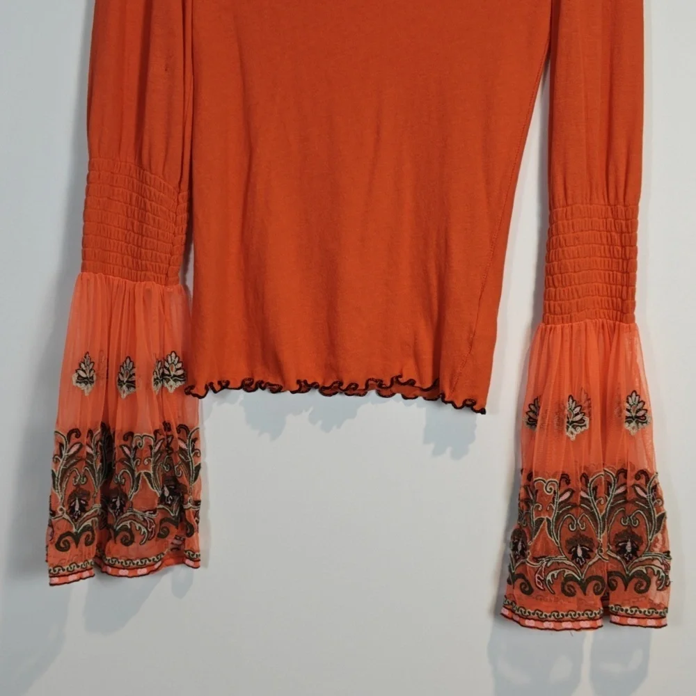 FREE PEOPLE  High Tides Embroidered Flare Sleeve Top Orange Boho XS